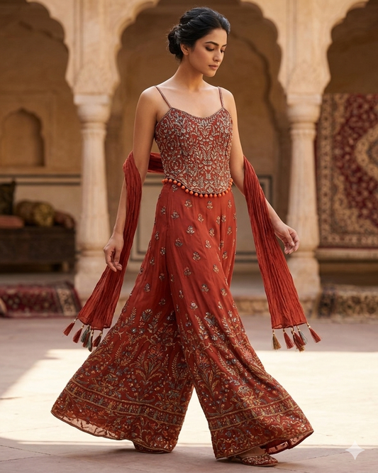 UK 10-12 / 36"- 38" - Burnt Orange / Rust - Designer Ladies Indian Short Corset / Tie Back Top Palazzo Trousers Suit - UK Stock - 2/3 days delivery - VMK Tarini AP