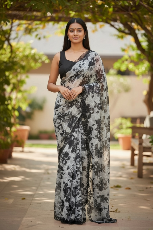 Black Floral - Classic Satin Crepe Saree with Stone Work and Blouse Piece - UK stock - 24hr Dispatch - RS2515 VJ