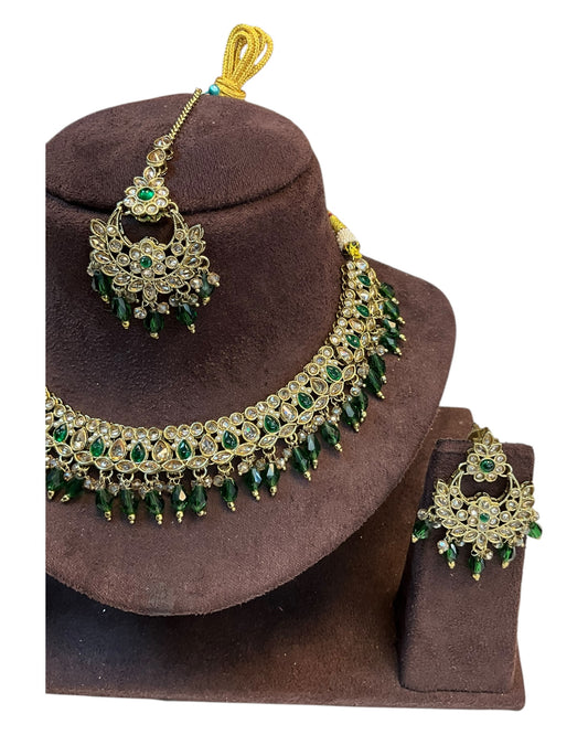 Green - Medium Size Antique Gold Finish Necklace Set with Earrings - RZ31 KYp