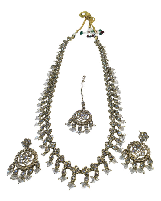 Clear - Large Size Antique Gold Finish Long Necklace Set with Earrings - RZ13 11KT24