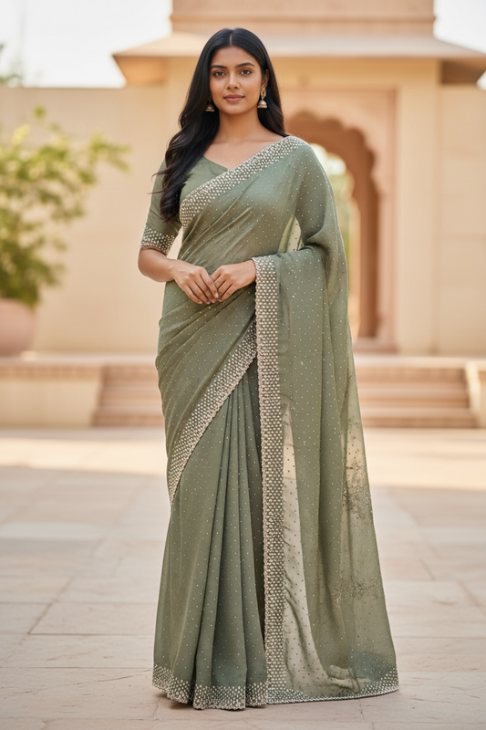 Henna Mehndi Green - Satin Crepe - Party Wear Embroidered Saree with Blouse Piece - SP2504011 VP