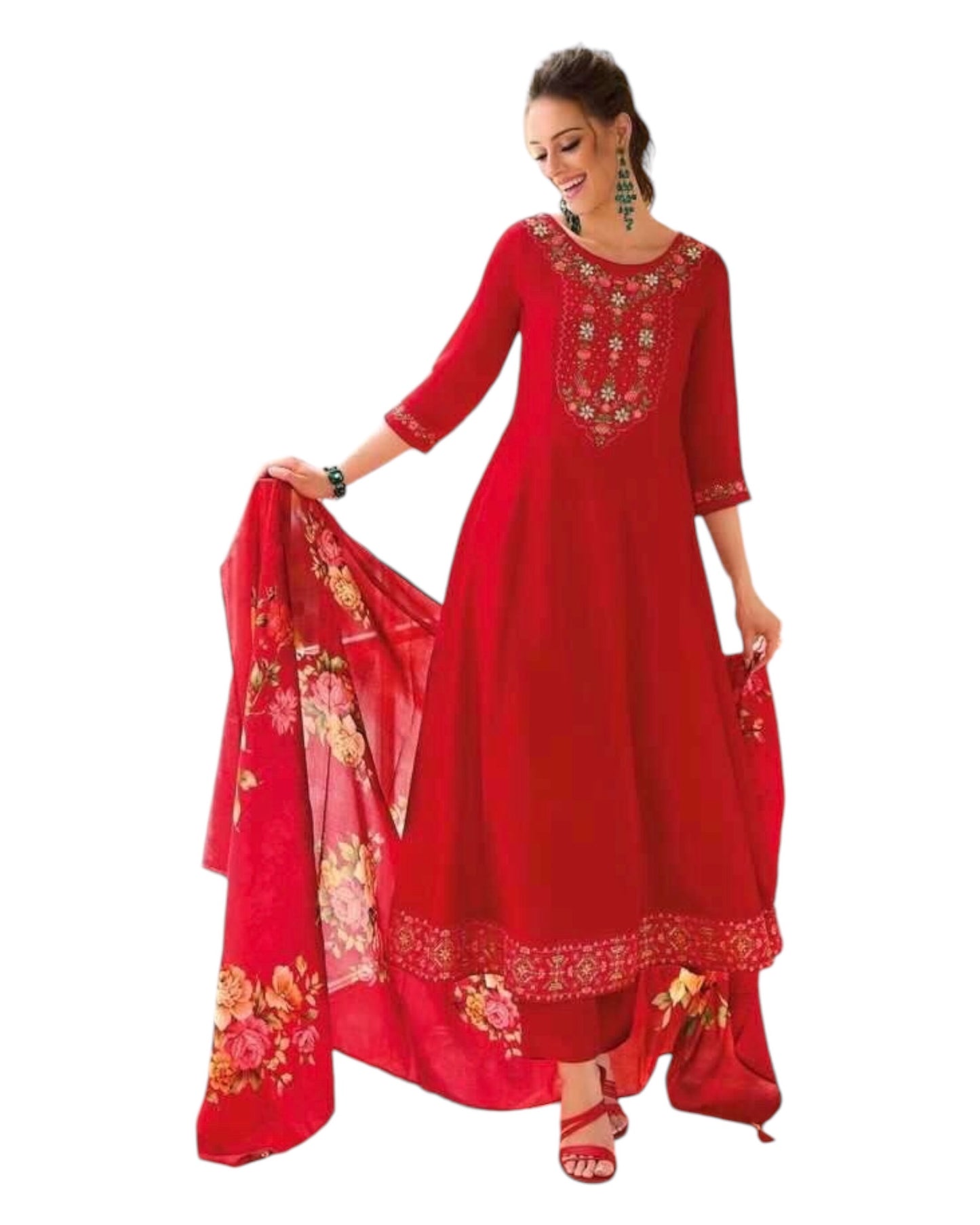 Red - Simple / Classy Ladies Indian Trousers Suit with Printed Dupatta - Size 12 (38") - LL22606 VV 1024