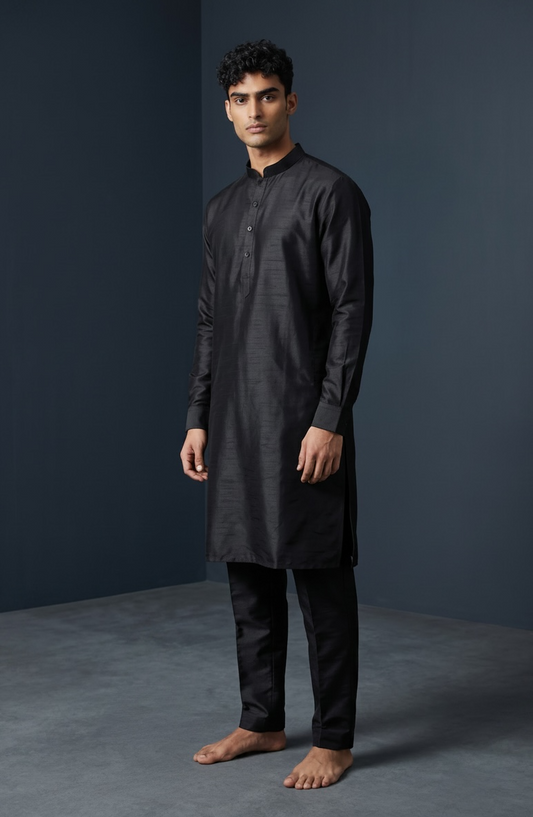 Black - Plain Silky Mens Indian Kurta set with Trousers - UK Stock - Weddings / Walimas , Sangeet, Diwali, Eid, Mehndi / Henna - EM66 05KJ26