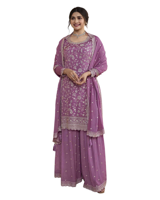 Lilac - Simple / Classy Ladies Indian Palazzo Trousers Suit with Printed Dupatta - Size 16 (42") - VF66846 TK1024