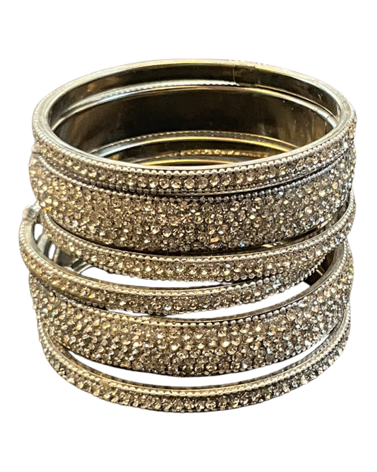 Silver Finish - Set of 6 Stone Bangles - M - XXL - 5Line 07Kp26