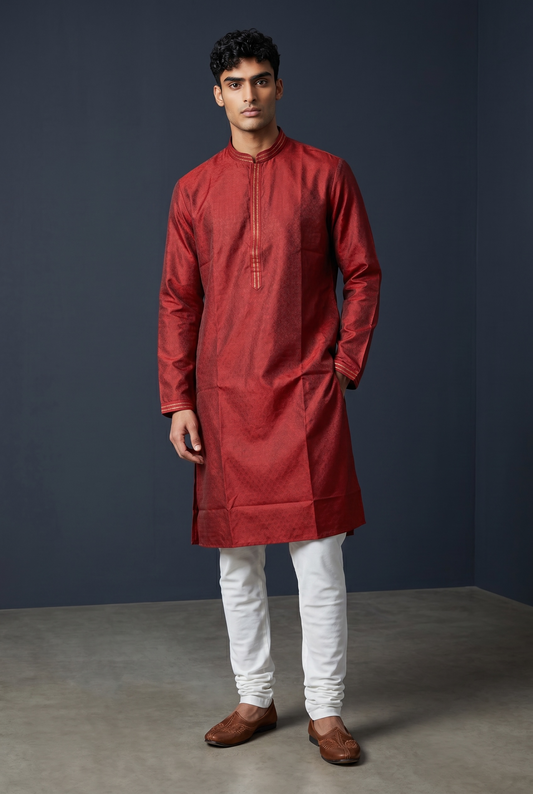 Red - Handloom Woven Mens Indian Kurta set with Trousers - UK Stock - Weddings / Walimas , Sangeet, Diwali, Eid, Mehndi / Henna - EM11093 05KP26