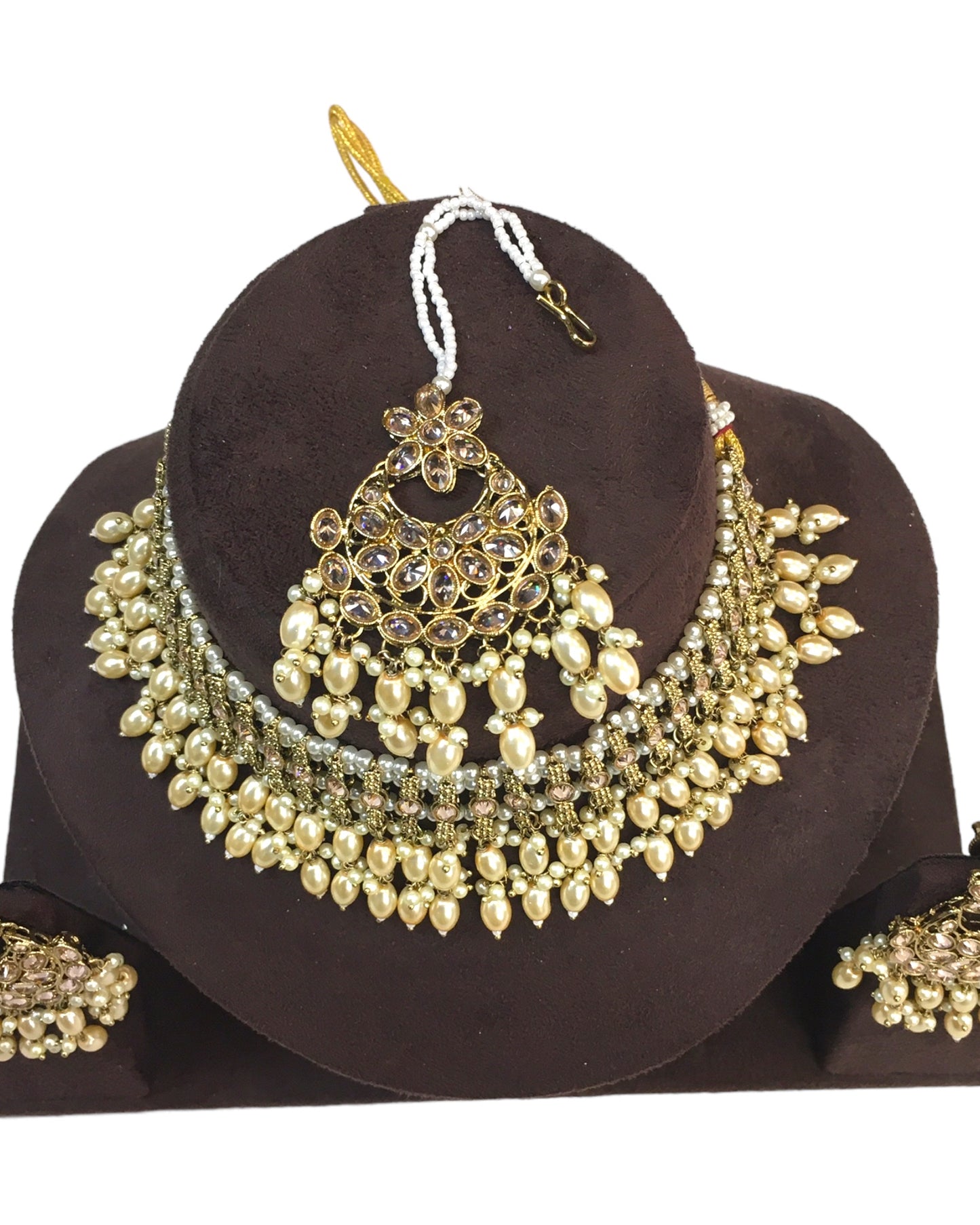 Gold / Neutral - Large Size Antique Gold Finish Necklace Set with Earrings - JE14 KY 0424