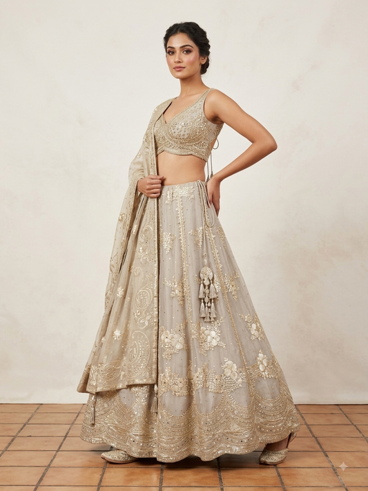Size UK 12 (38" Bust) Sleeveless - Light Gold - Rich Banarasi Lehenga Set - Mehndi / Sangeet / Bridesmaids / Weddings / Garba - UK Stock - 24h Dispatch -SC1373 09KRY25