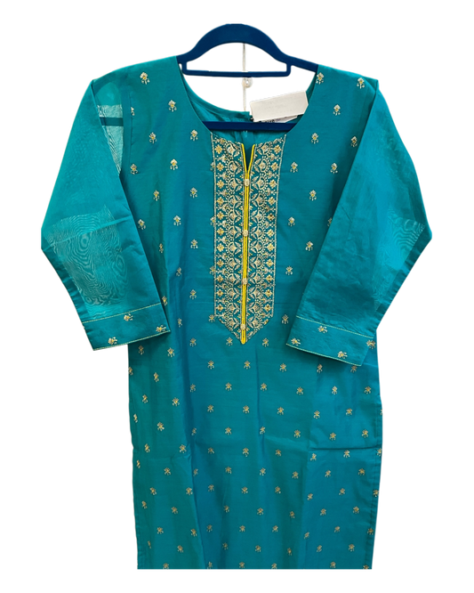UK10 / 36" - Turquoise Blue with Yellow Dupatta - Cotton Silk Ladies Trousers Suit - Sangeet / Henna / Temple - KCS250176 KC