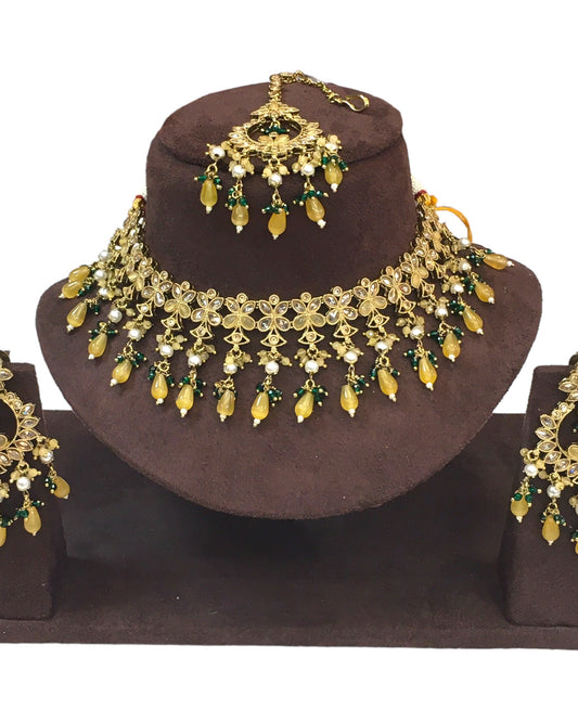 Yellow - Large Size Antique Gold Finish Necklace Set with Earrings - HB999  KT 0424