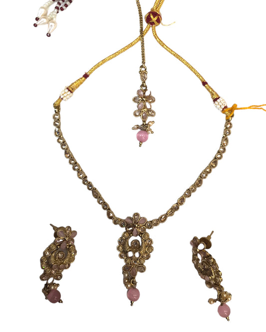 Pink - Small Size Antique Gold Finish Necklace Set with Earrings - SLV45 Ap 0424