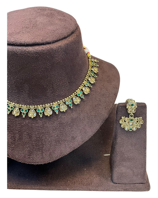 Green - Small Size Antique Gold Finish Necklace Set - AE2504 R 0525