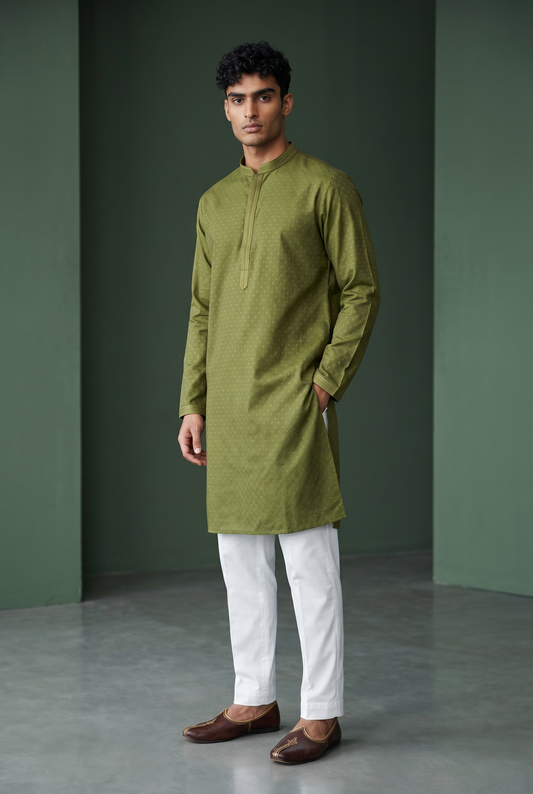 Henna Green - Handloom Woven Mens Indian Kurta set with Trousers - UK Stock - Weddings / Walimas , Sangeet, Diwali, Eid, Mehndi / Henna - EM11093 05KP26