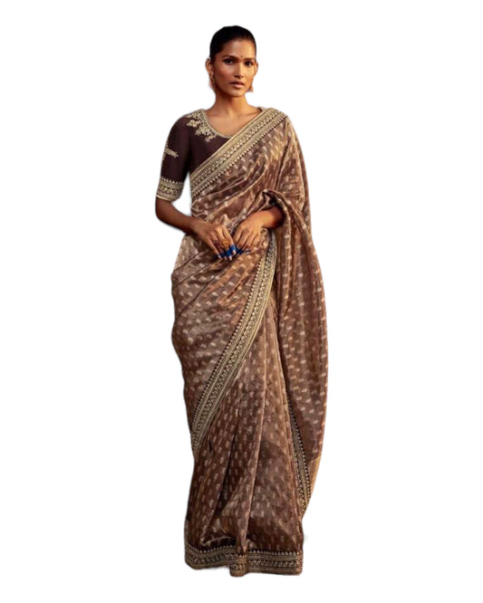 Brown - Crepe Silky Saree with Fancy Ready made Blouse - KIM-KS5272 TR 1123