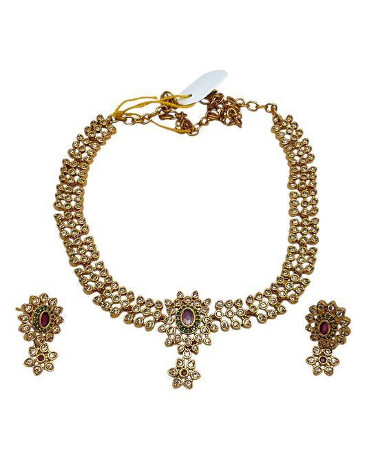 Multi Coloured - Medium - Antique Gold Finish Necklace Set with Earrings & - AE2522 08Cp25