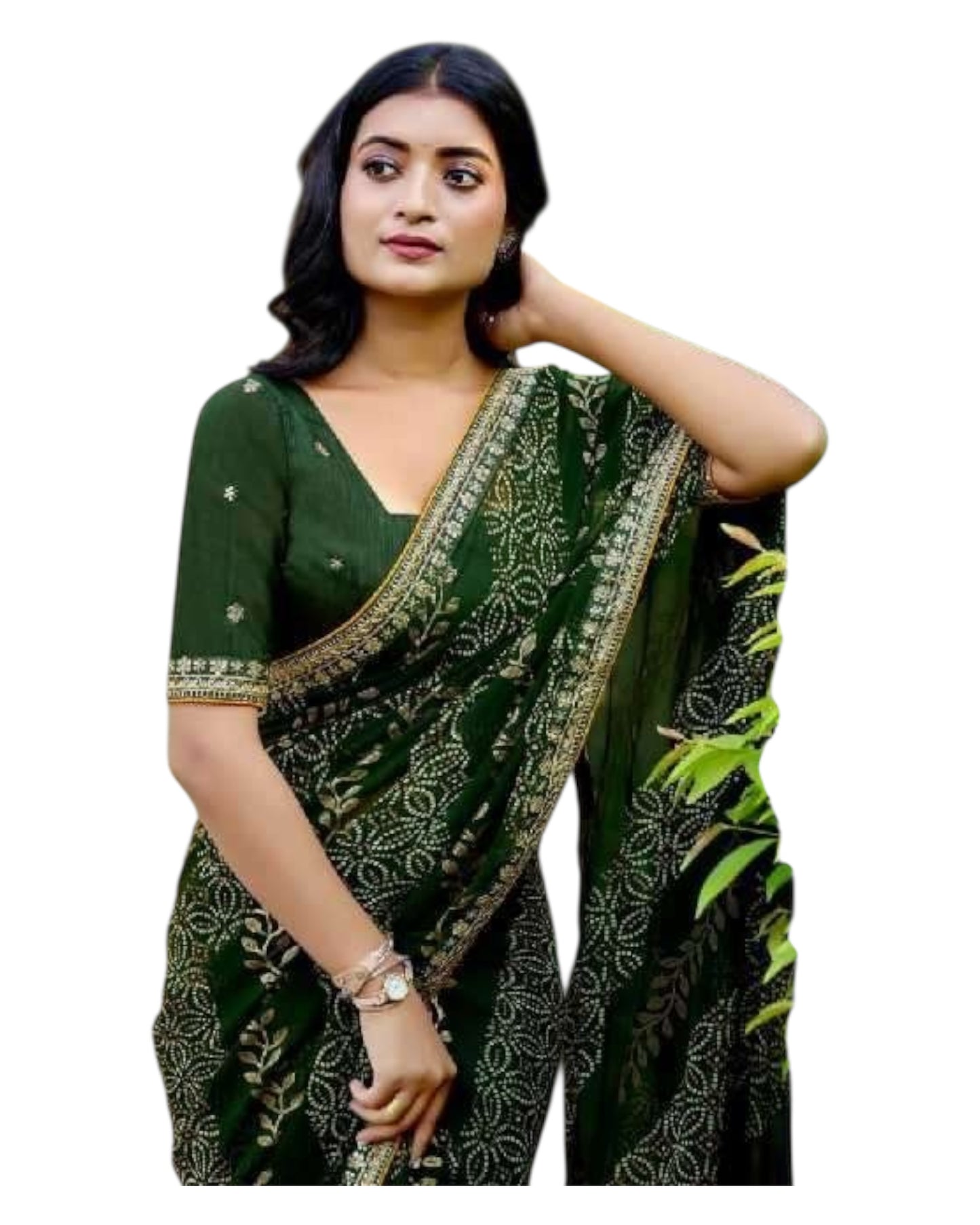 Bottle Green - Bandhani Printed - Chiffon Saree with Blouse Piece - KAS-Chuneri 308 10KV25