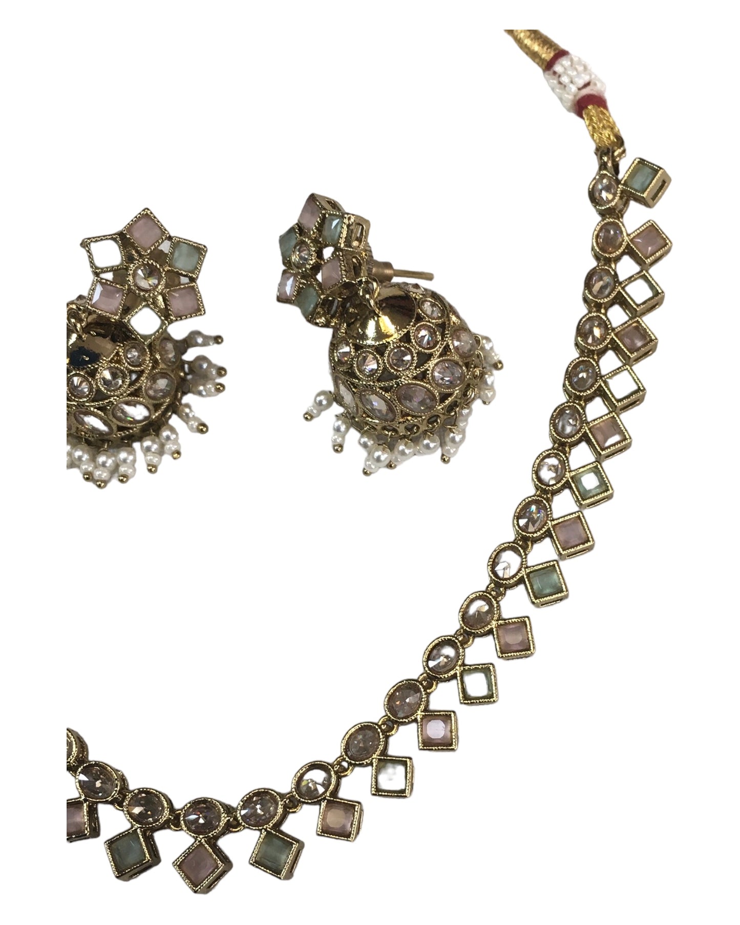 Mint / Pink - Small - Antique Gold Finish Necklace Set with Earrings - AE2405 C 0724