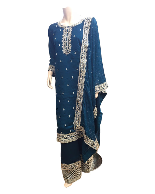 Teal - UK 16 / 42" - Simple / Classy Chiffon Printed Ladies Indian Salwar Suit with Dupatta - DCB2417 VY 0824