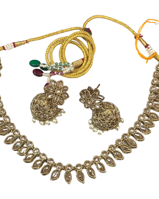 Gold / Neutral - Small Size Antique Gold Finish Necklace Set with Earrings - SV2404 C 0424
