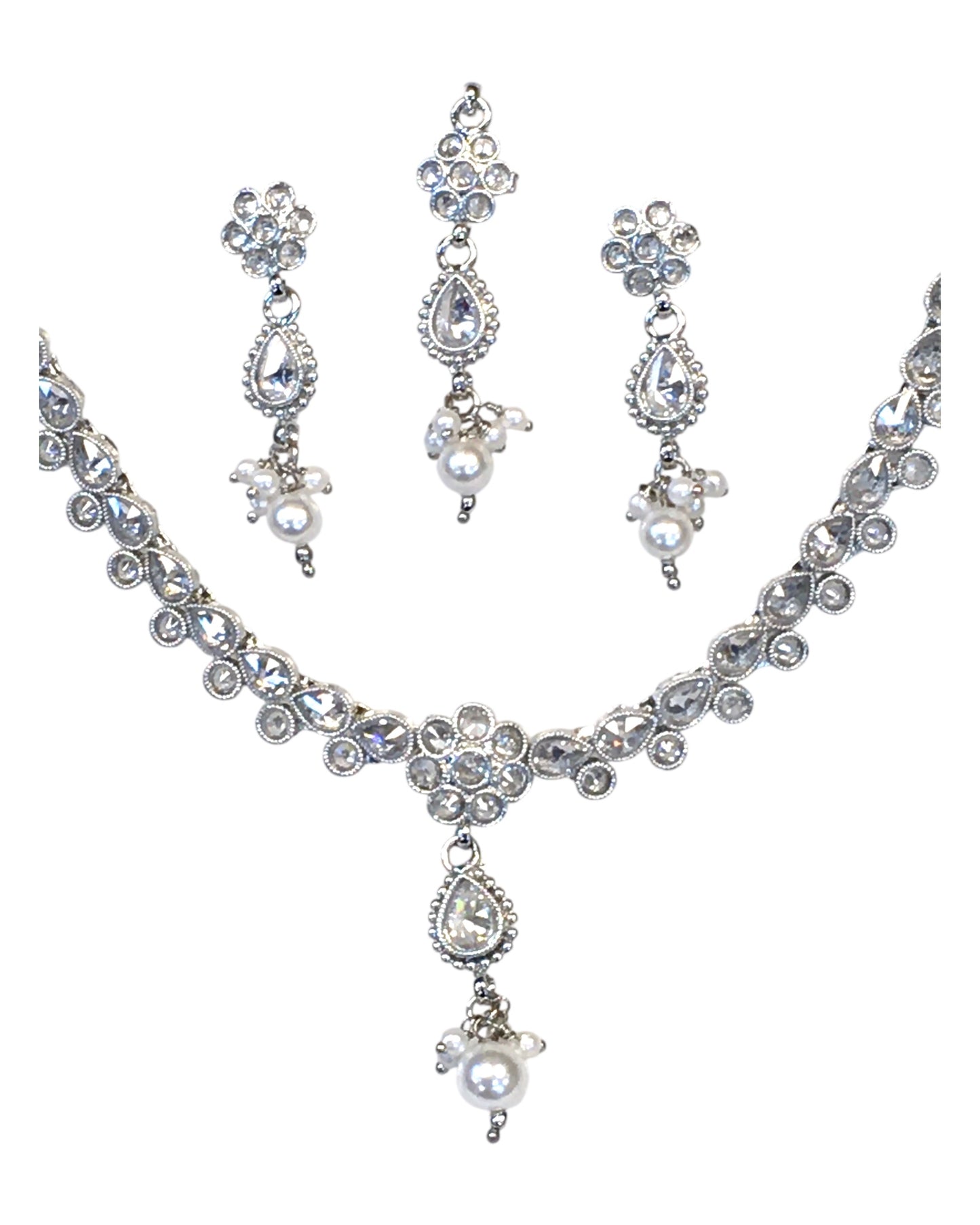 Clear - Small Size Silver Finish Necklace Set with Earrings & Head Piece /Tika- SLV78 11Ap24