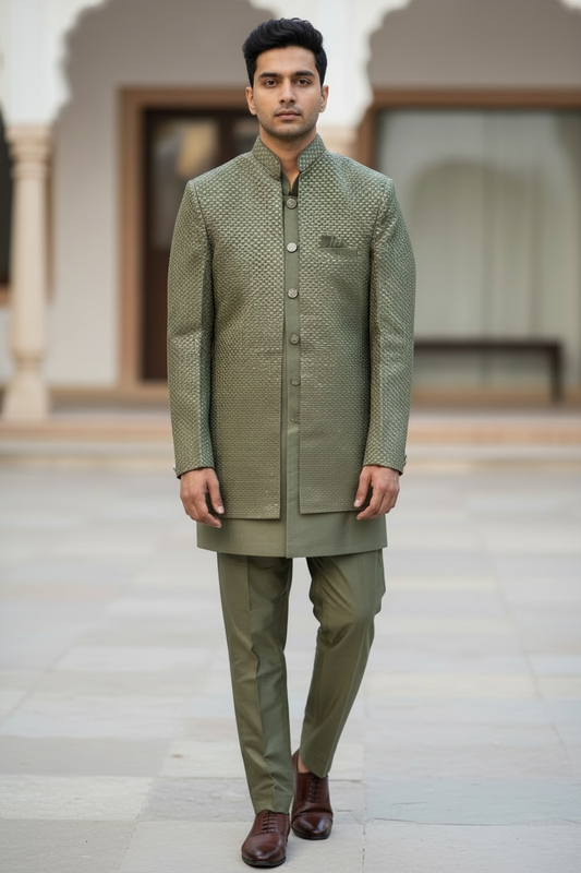Sage Green - Mens Knee Length Jacket with Long Waistcoat - Sherwani / Indo-Western - Fantastic Fit - KCS6600 03PV26