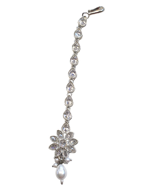 Clear / White - Silver Finish Medium Size Tika Head Piece - Indian Ladies Fashion Jewellery - AE2437 11Vp24