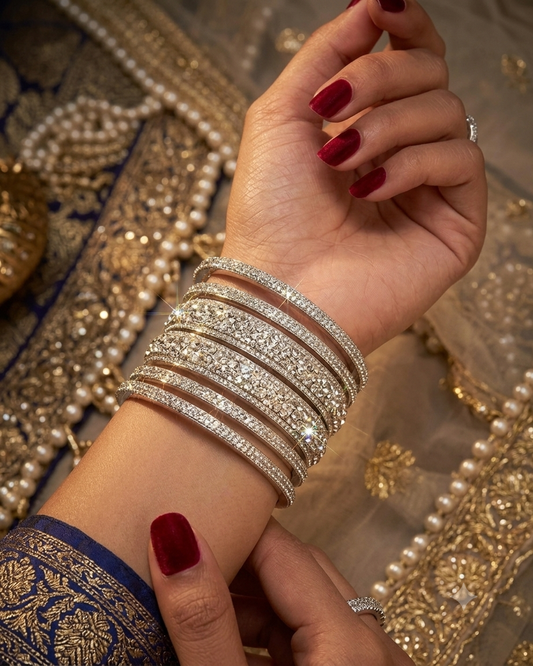 Silver Finish - Set of 6 Stone Bangles - M - XXL - 5Line 07Kp26