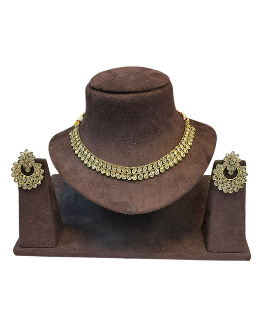 Gold / Neutral / Pearl - Small Size Antique Gold Finish Necklace Set - AE2505 Ap 0525