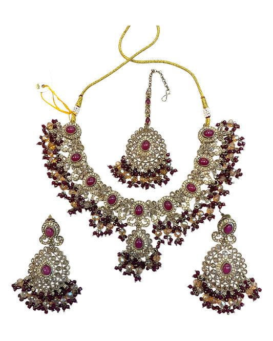 Purple / Wine - Large - Antique Gold Finish Necklace Set with Earrings & Head Piece - AE2512 08KV25