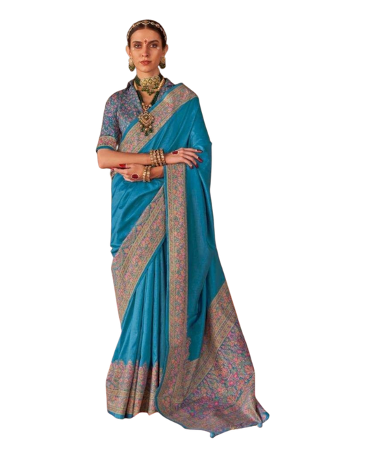 Turquoise Blue - Traditional Block Printed Dupion Silky Saree with Blouse Piece - UK Stock - 2/3 days Delivery 12KC25 K912
