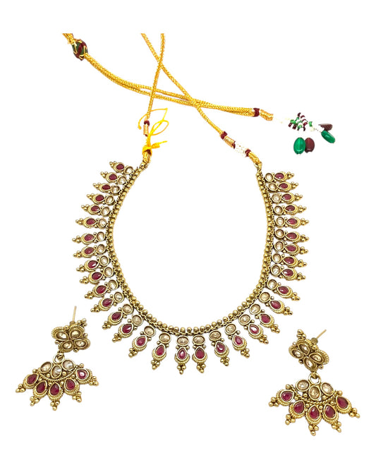 Magenta / Dark Pink - Small Size Antique Gold Finish Necklace Set with Earrings - Bollywood - AE2517 08A25