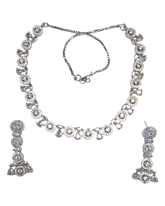 Clear - American Diamond Style Silver Finish Small Size Necklace Set with Earrings - AE2423 11C24