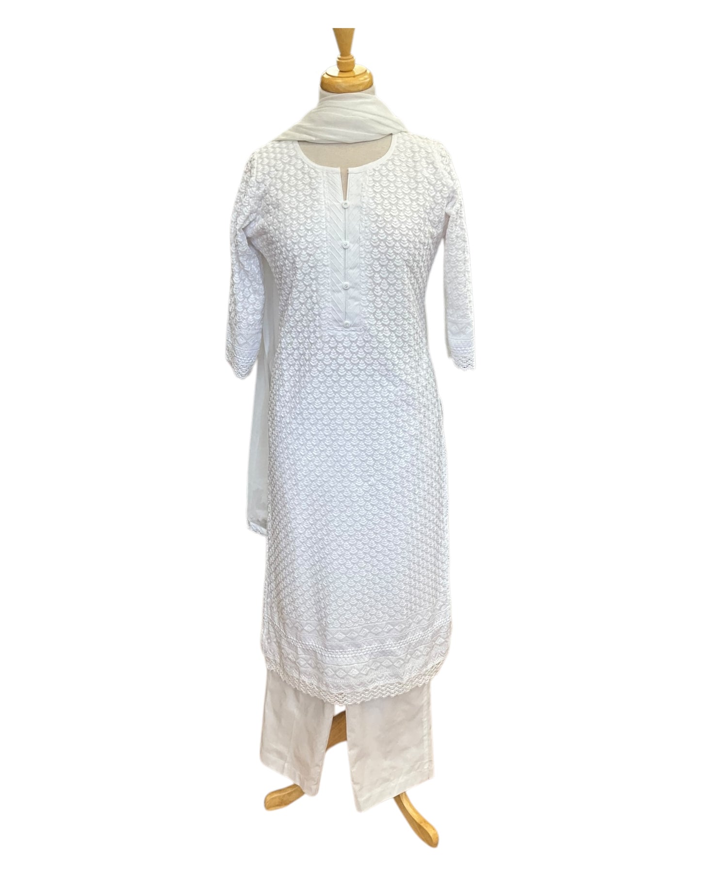 White - Cotton Ladies Salwar Kameez with Chiffon Dupatta - Elbow Length Sleeves - Funeral / Church KTC250401 KR