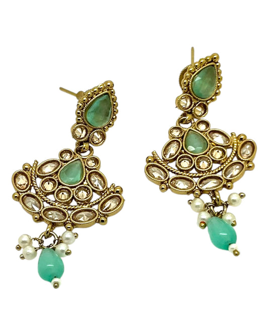 Sea Green - Small Size Antique Gold Finish Necklace Set with Earrings - Bollywood - AE2518 08A25
