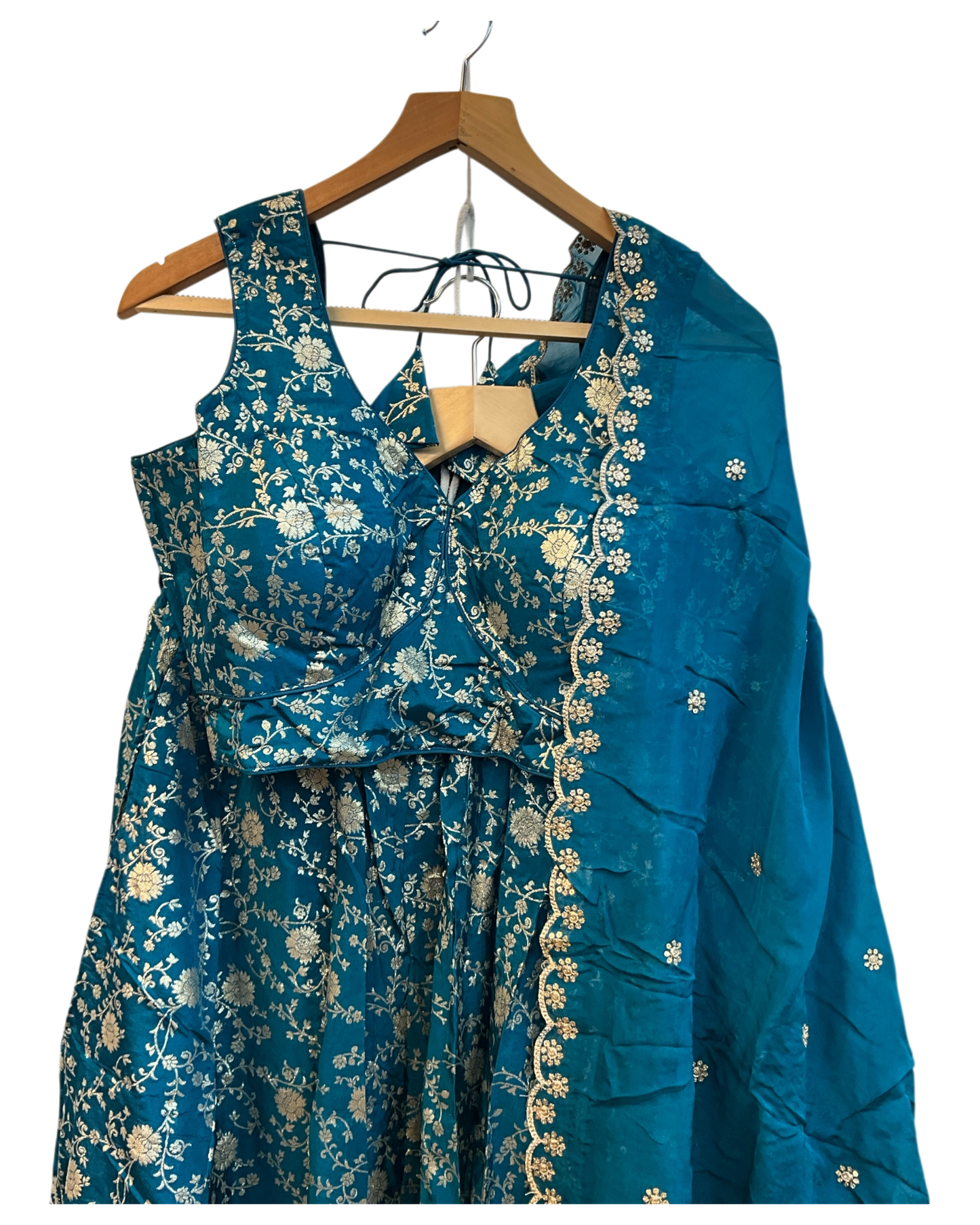 Turquoise Blue - Banarasi Brocade Silky Lehenga Set - Mehndi / Sangeet / Bridesmaids / Weddings / Garba - Size UK 12 (38" Bust) Adjustable to Size 14 - UK Stock - 24h Dispatch - AF2601 02VP26