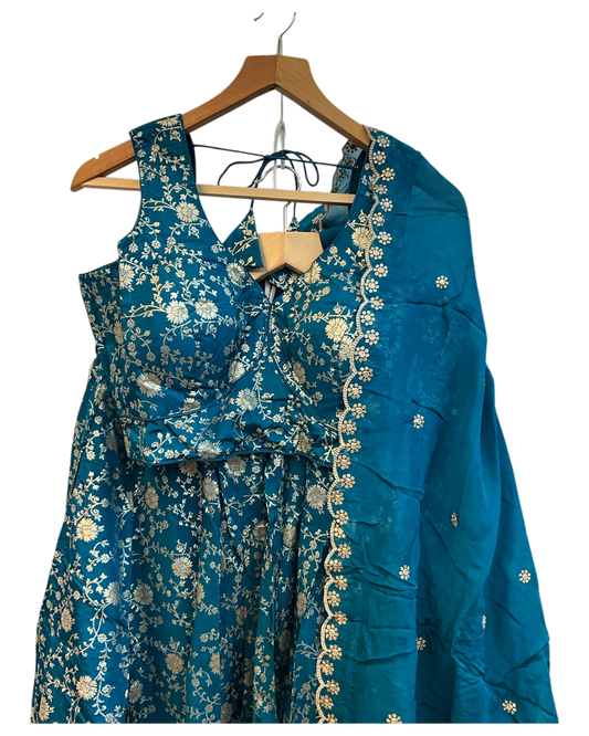 Turquoise Blue - Banarasi Brocade Silky Lehenga Set - Mehndi / Sangeet / Bridesmaids / Weddings / Garba - Size UK 12 (38" Bust) Adjustable to Size 14 - UK Stock - 24h Dispatch - AF2601 02VP26
