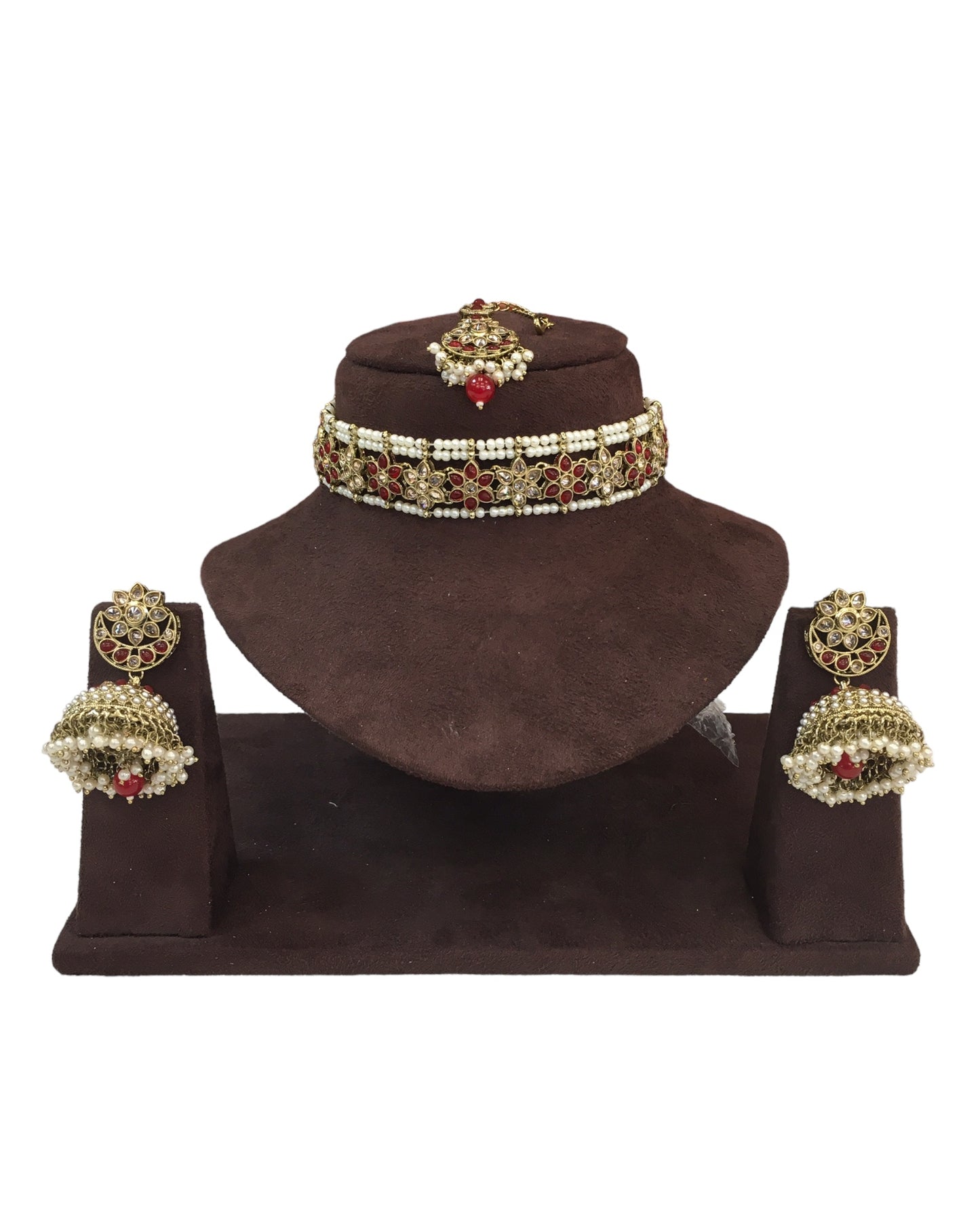Maroon - Large Size Antique Gold Finish Necklace Set with Earrings - RAK95 KV 0424