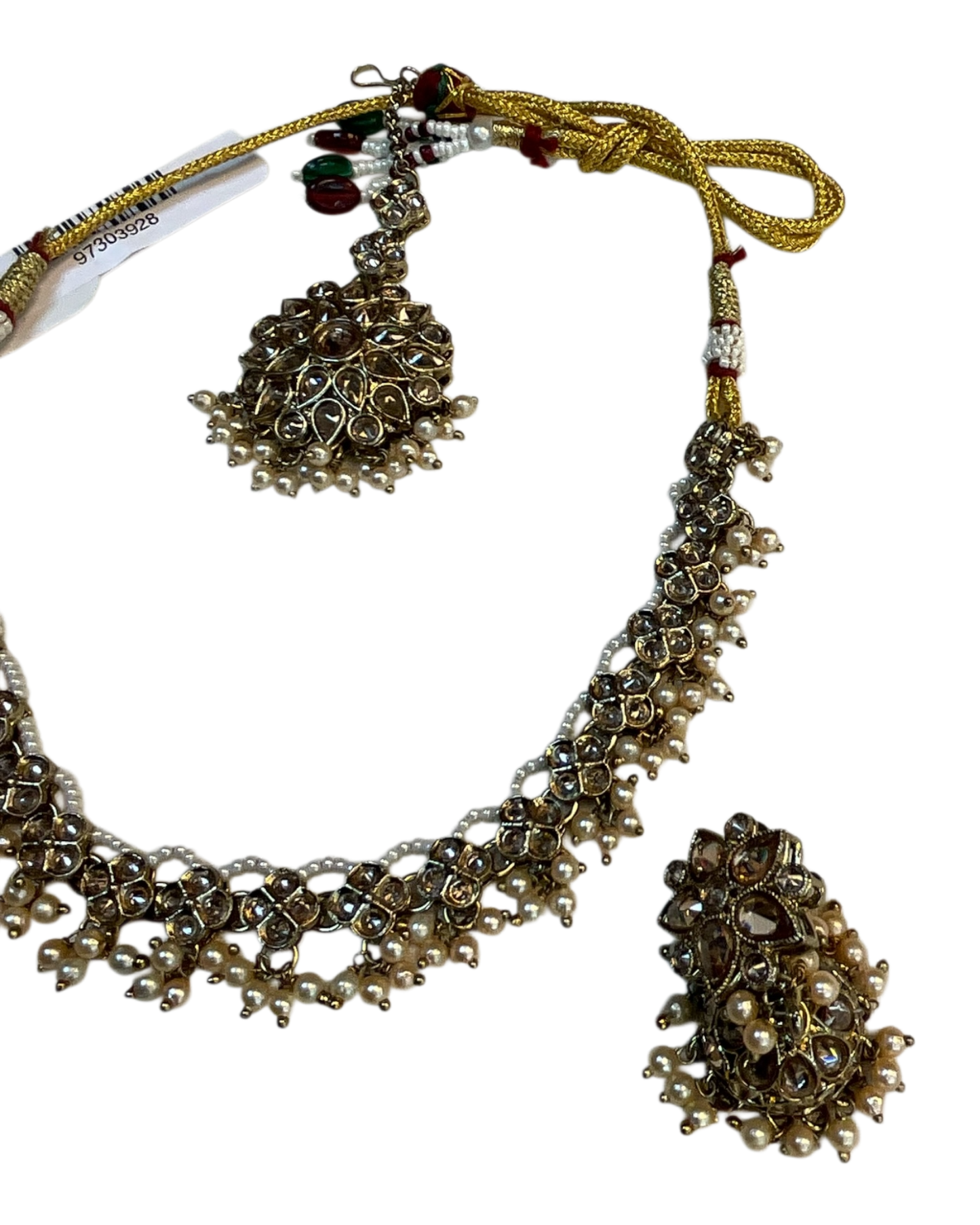 Crystal - Medium Size Antique Gold Finish Necklace Set with Earrings & Head Piece - RAK436 04A26