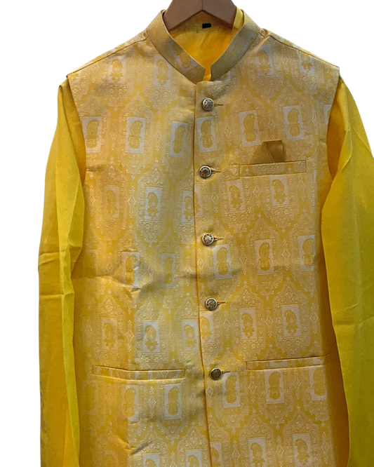 Haldi Yellow - Mens Kurta Set with Rich Brocade Waistcoat - UK Stock - Quick Dispatch - SHU2603 05VV26