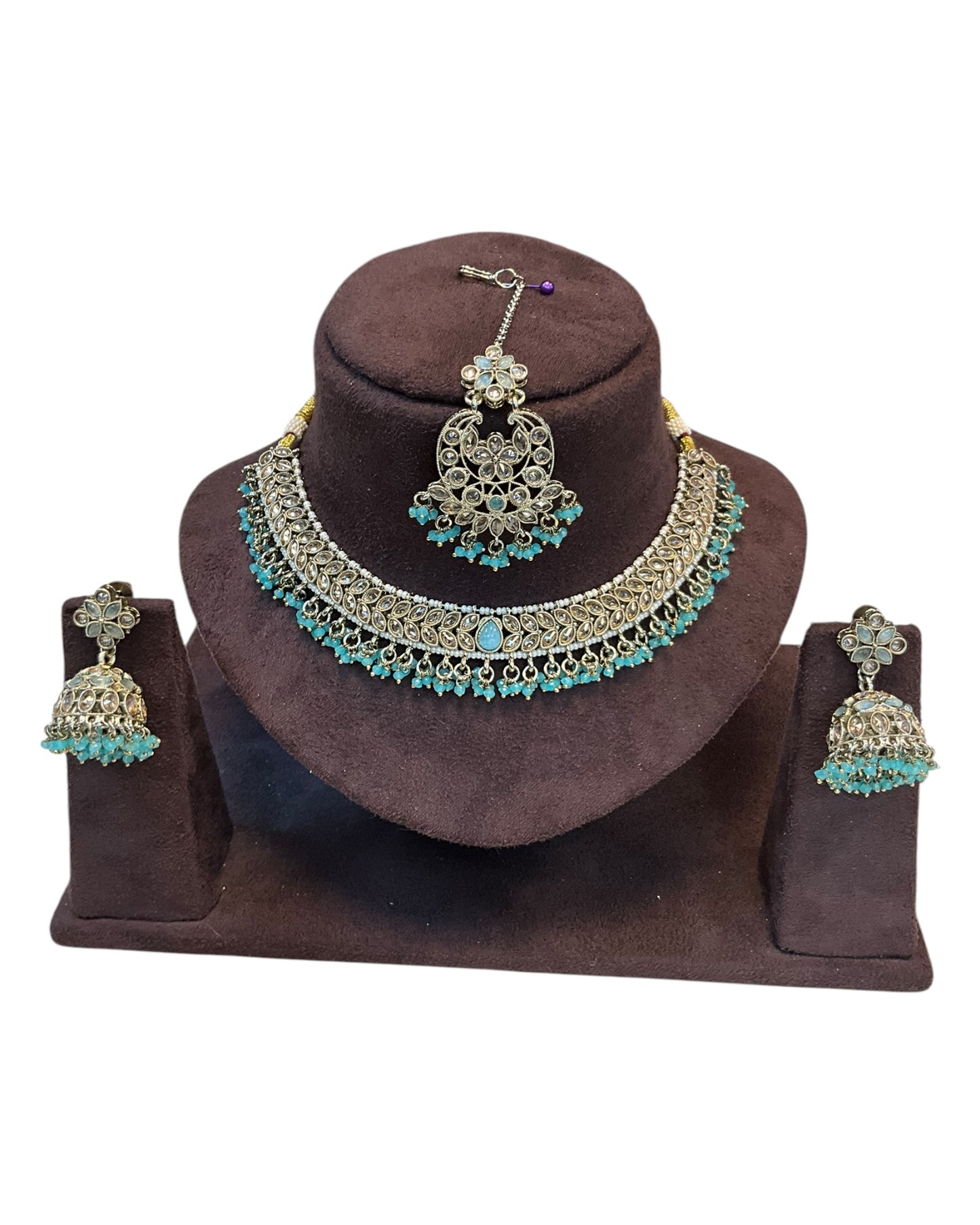 Turquoise - Medium Size Antique Gold Finish Necklace Set with Earrings & Tika Head piece - GGA05 KV 0525