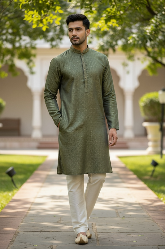 Sage Green - Banarasi Handloom Brocade Mens Indian Kurta set with Trousers - UK Stock - Weddings / Walimas , Sangeet, Diwali, Eid, Mehndi / Henna - VEE2443 VR