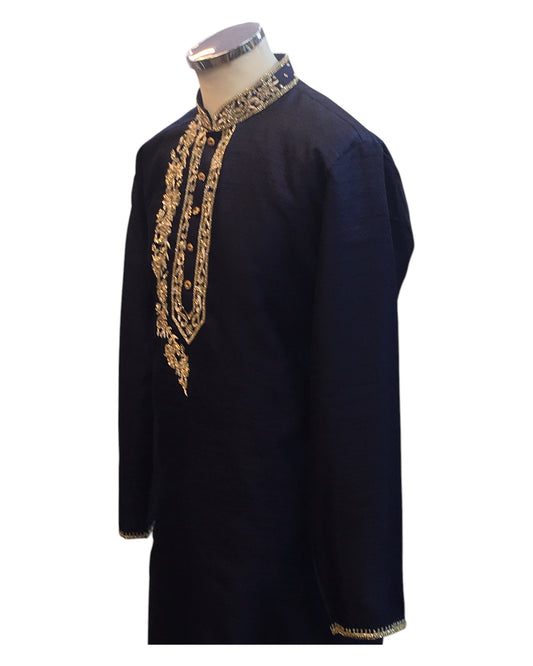 Navy Blue - Rich Silky Mens Indian Kurta set with Hand Embroidery - Weddings / Walimas , Sangeet, Mehndi / Henna , Eid / Diwali - BS2507 01JV25