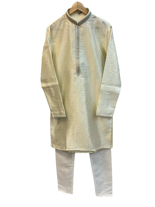 Off White / Cream - Banarasi Handloom Brocade Mens Indian Kurta set - UK Stock - Weddings / Walimas , Sangeet, Diwali, Eid, Mehndi / Henna - VEE2488 VR
