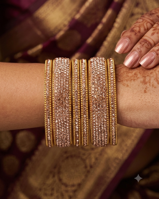 Rose Gold Finish - Set of 6 Stone Bangles - M to XXL - 5Line 07Kp26
