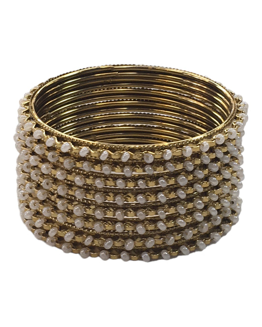 Gold / Pearl - Set of 8 Stone Bangles - Antique Gold Finish - JAN5310 Kp 0923