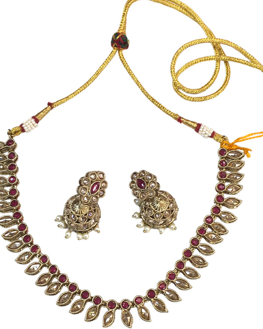 Maroon - Small Size Antique Gold Finish Necklace Set with Earrings - SV2404 C 0424