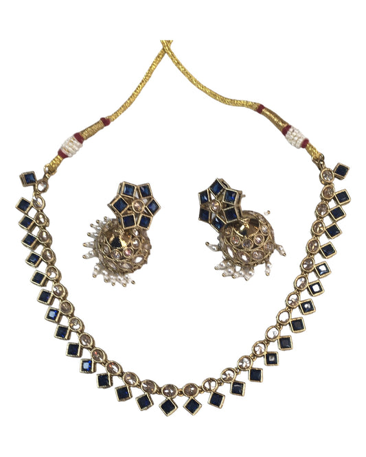 Navy Blue - Small - Antique Gold Finish Necklace Set with Earrings - AE2405 C 0724