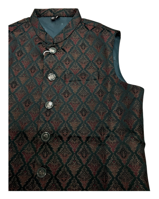 Bottle Green with Contrast Thread Brocade - Premium Mens Waistcoat - VNS-JKT13 10KJ25