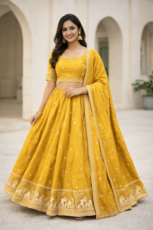 Haldi Yellow - Dupion Silk Lehenga Set - Garba / Dandia , Mehndi / Sangeet / Weddings - Size UK 12 (38" Bust) Adjustable to Size 14 - UK Stock - 24h Dispatch - AF2603 02TY26