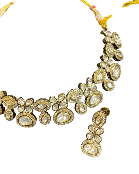 Clear / Neutral - Medium Size Antique Gold Finish Choki Necklace Set with Earrings - Bollywood - AVON-KU06 08VV25